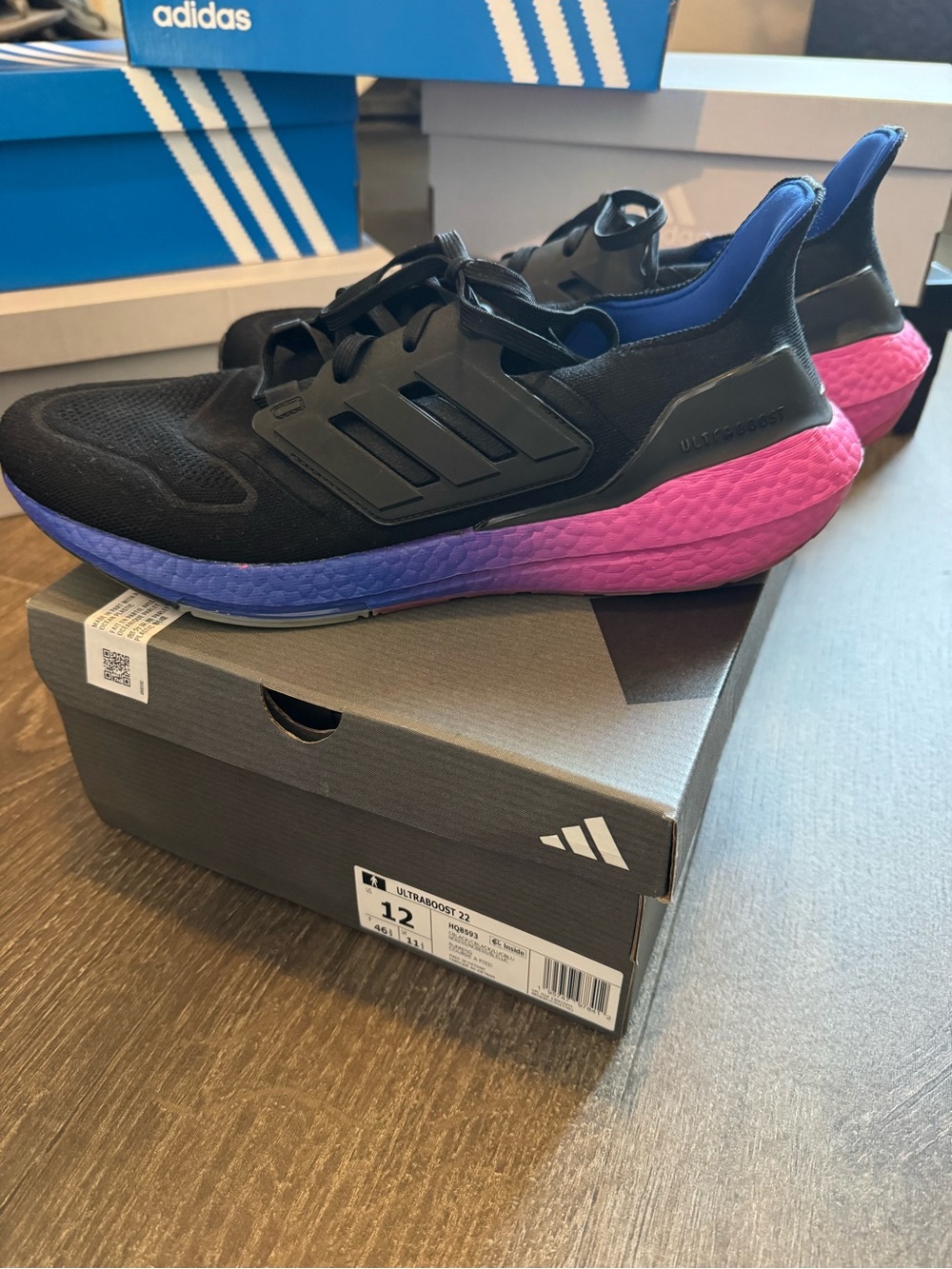 adidas Men’s Black Sneakers with Purple and Pink Gradient Midsole